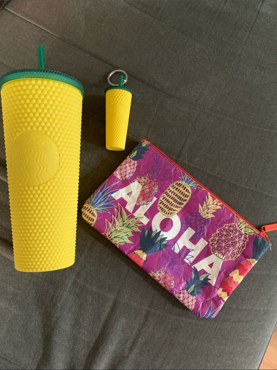 Starbucks Other - 3pc Starbucks Yellow Studded Tumbler with Tropical Aloha Pouch&keychain